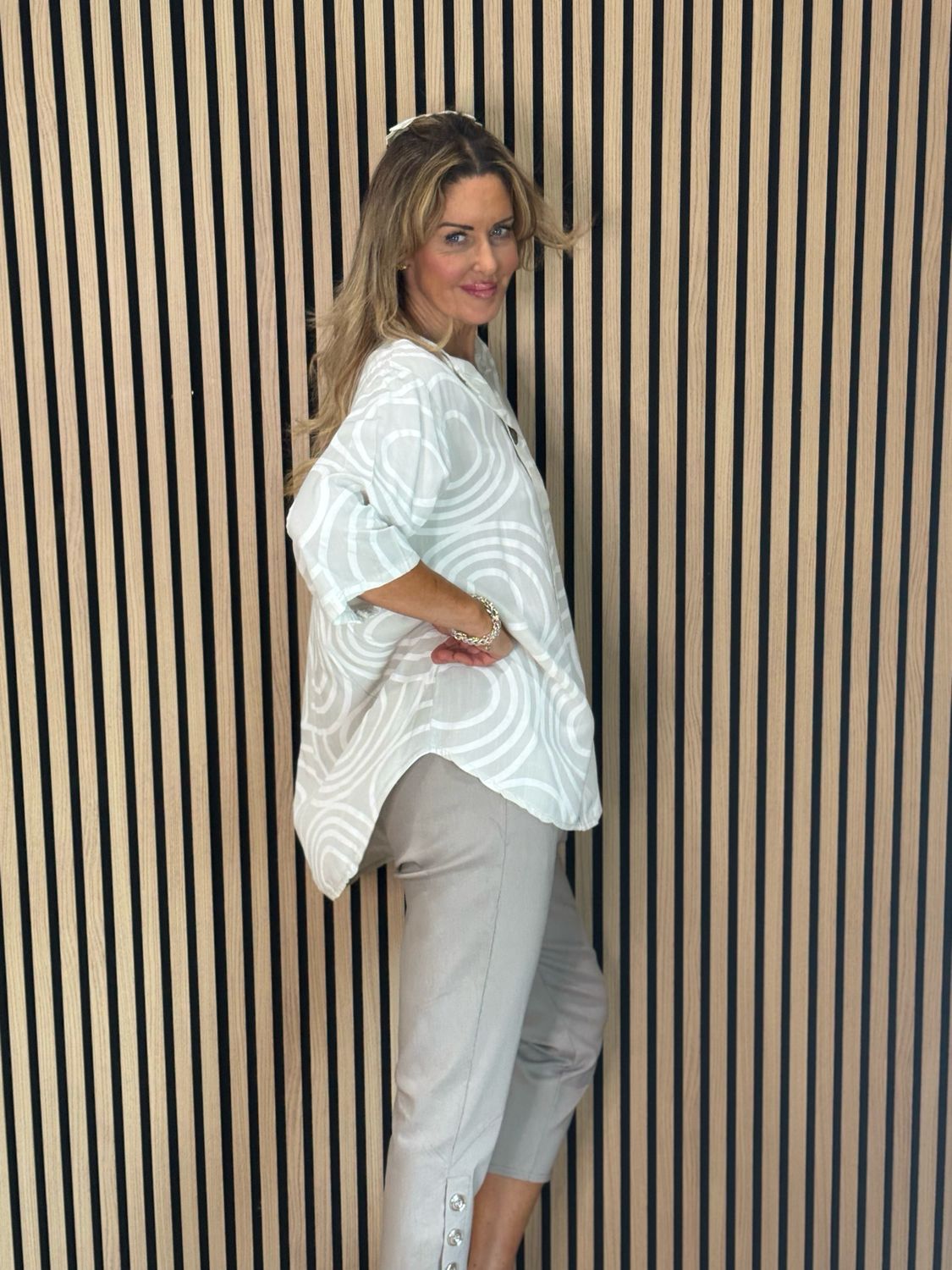 Geometric Print Cotton Top - Stone