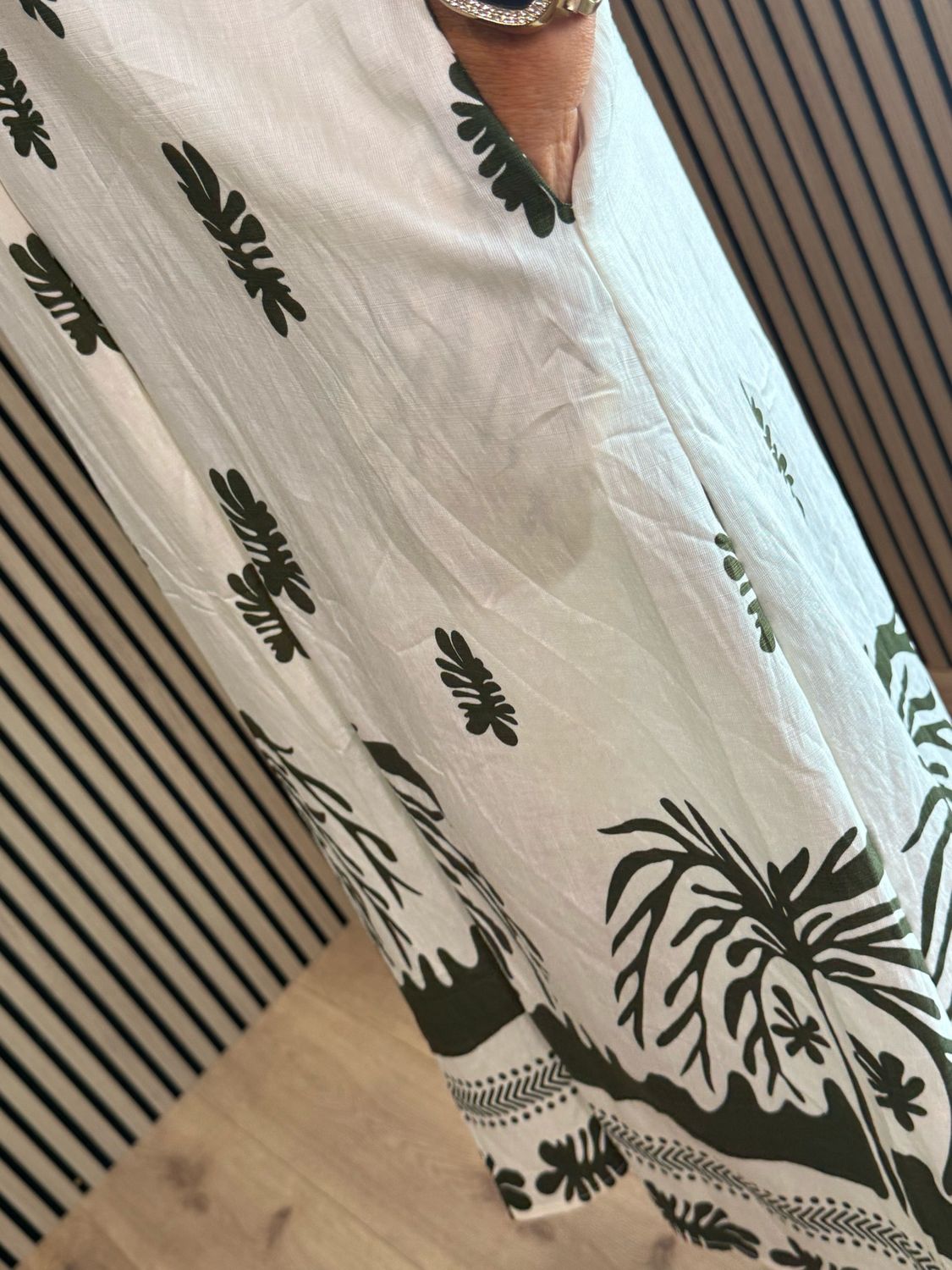 Botanical Print V Neck Dress - Khaki