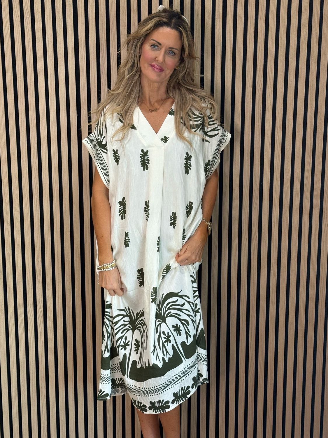 Botanical Print V Neck Dress - Khaki