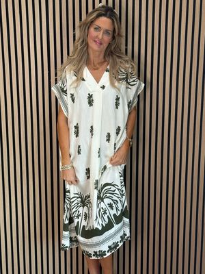 Botanical Print V Neck Dress - Khaki