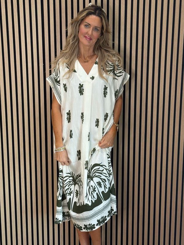 Botanical Print V Neck Dress - Khaki