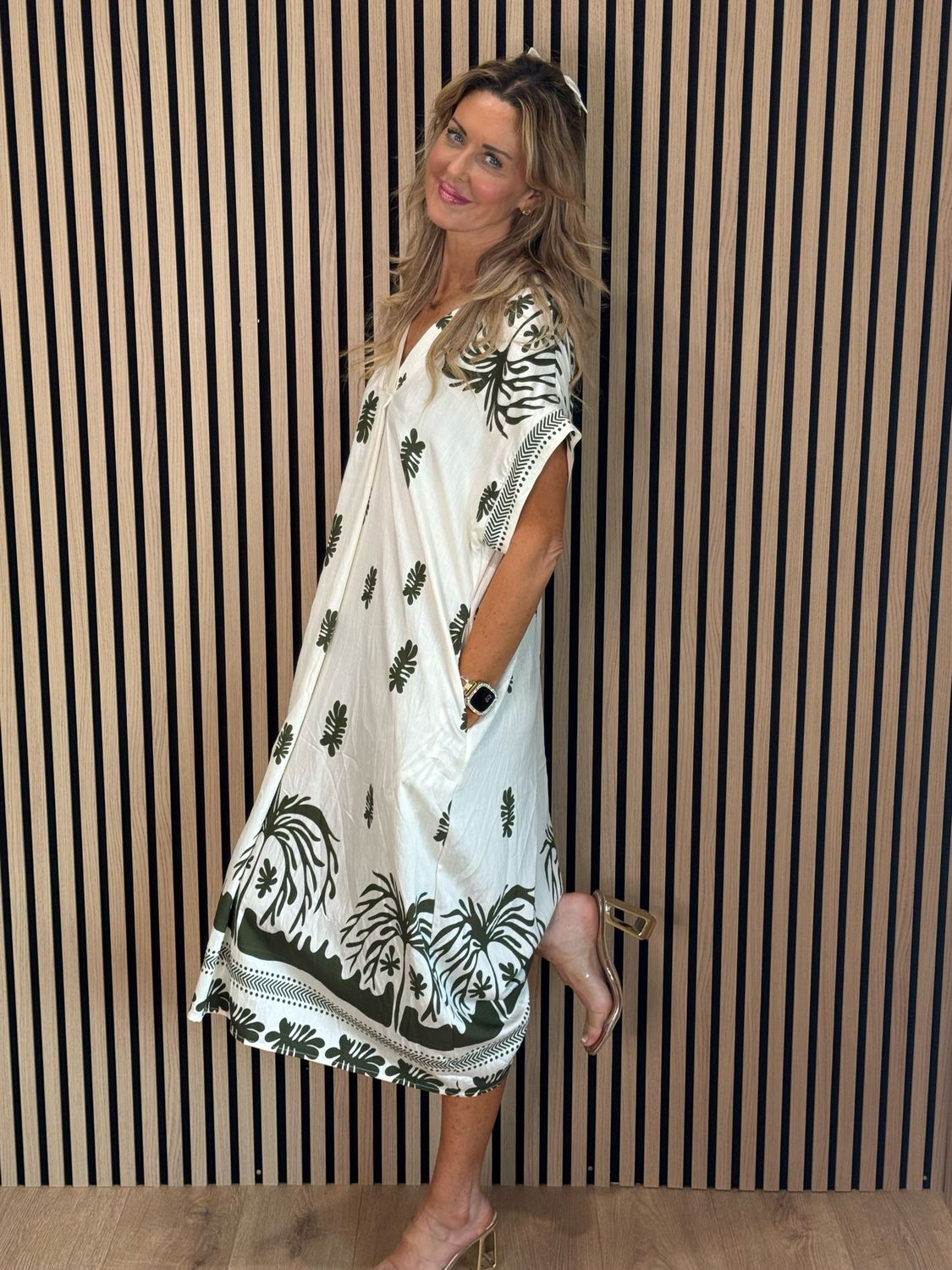 Botanical Print V Neck Dress - Khaki