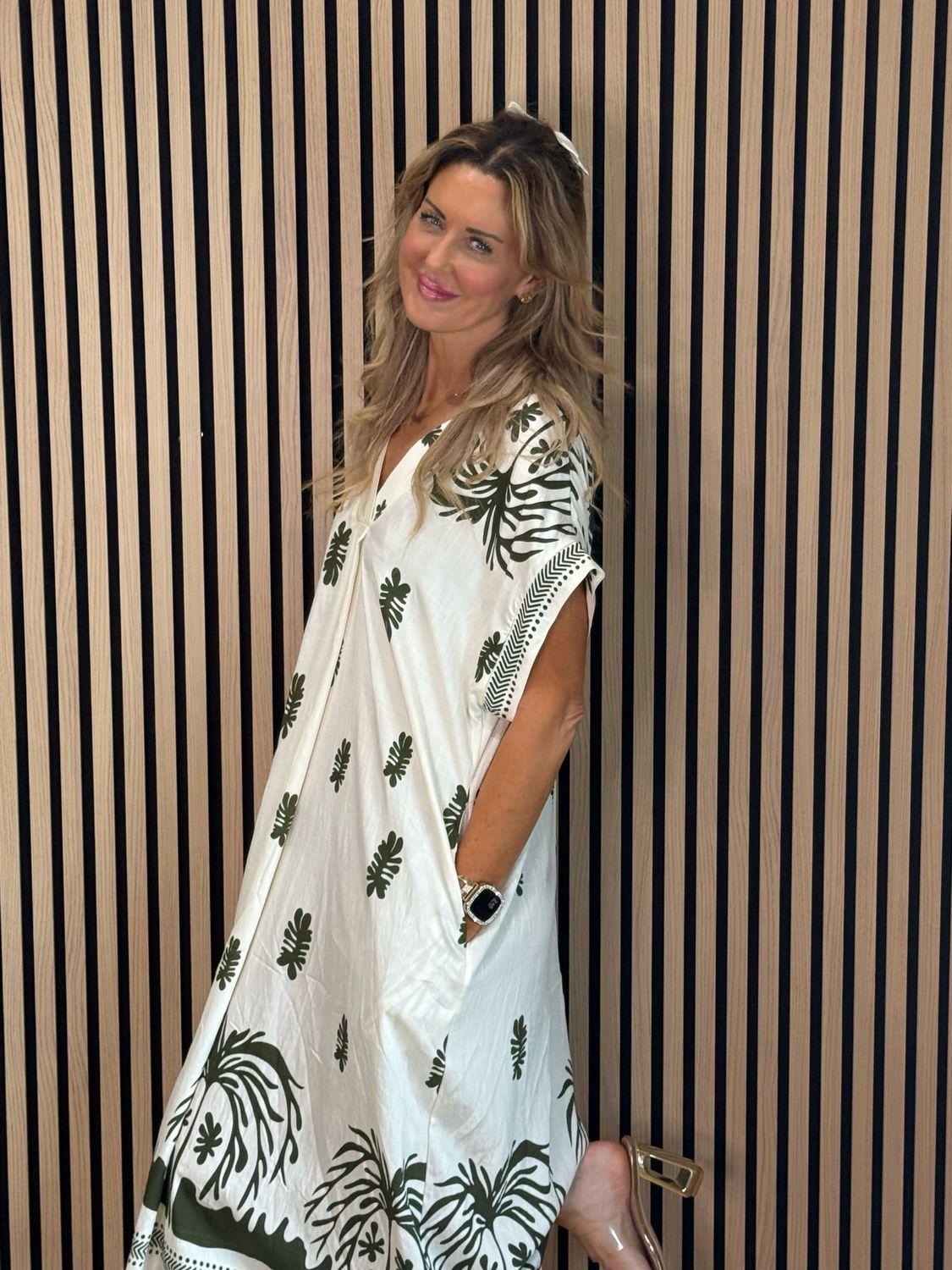 Botanical Print V Neck Dress - Khaki