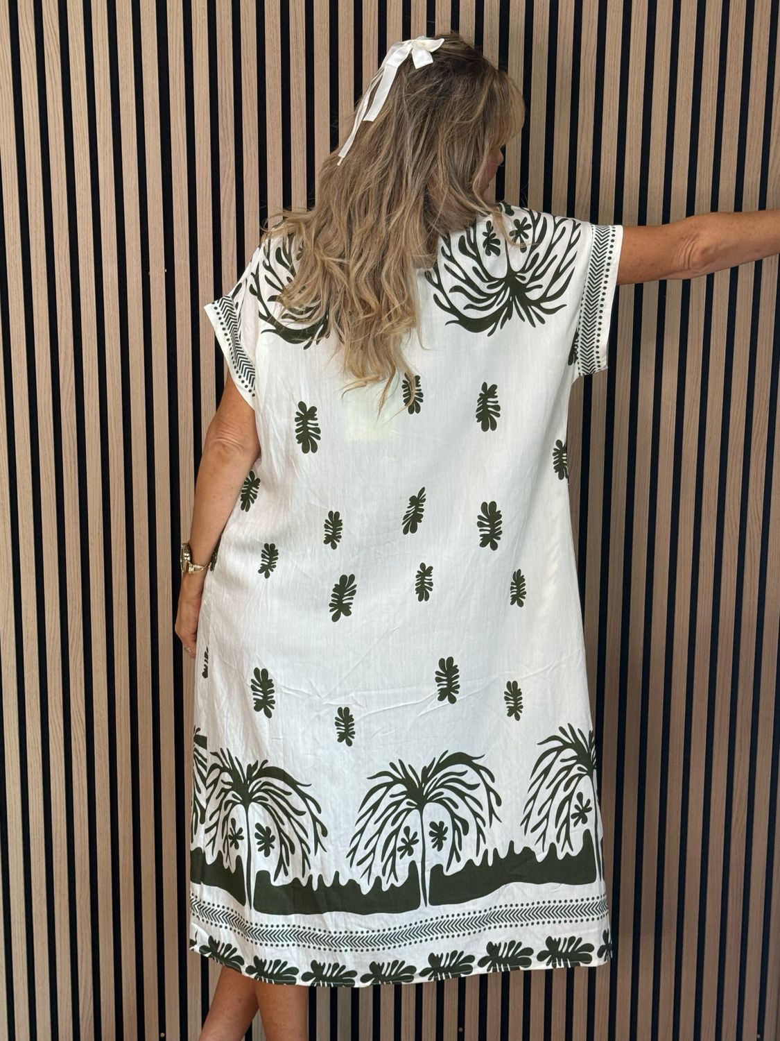 Botanical Print V Neck Dress - Khaki