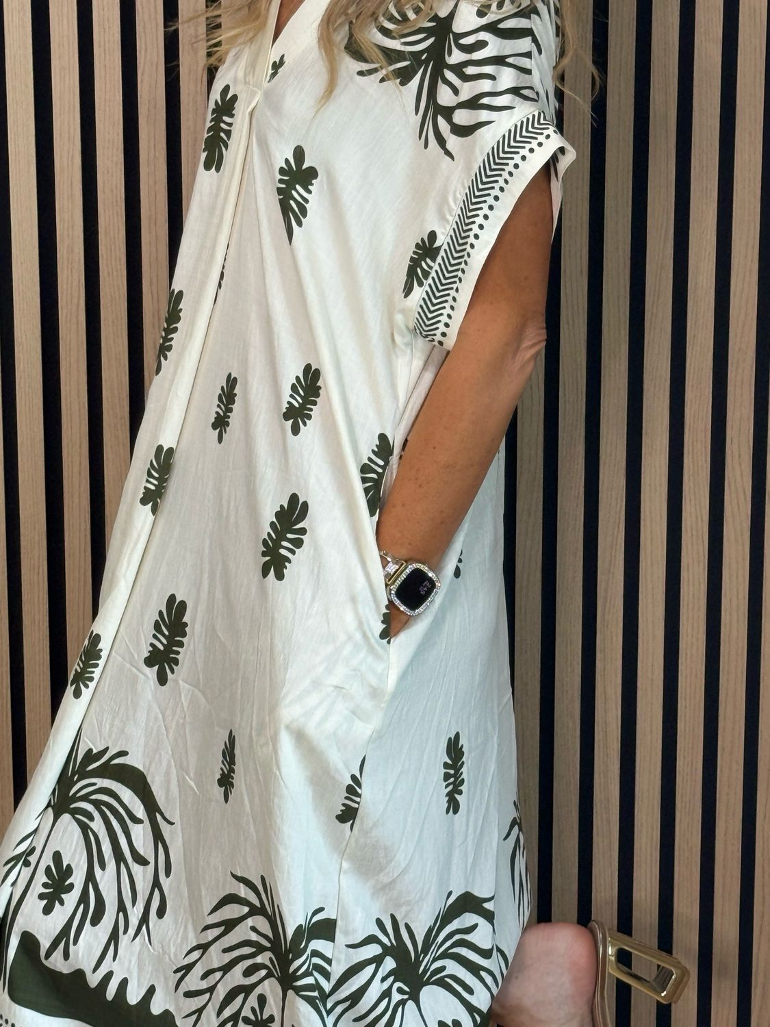 Botanical Print V Neck Dress - Khaki