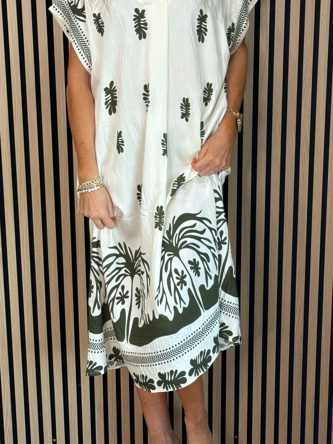 Botanical Print V Neck Dress - Khaki