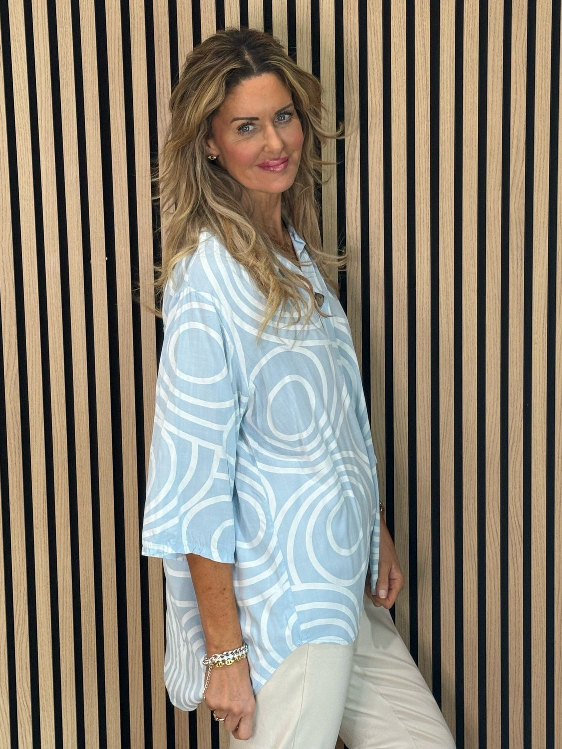 Geometric Print Cotton Top - Baby Blue