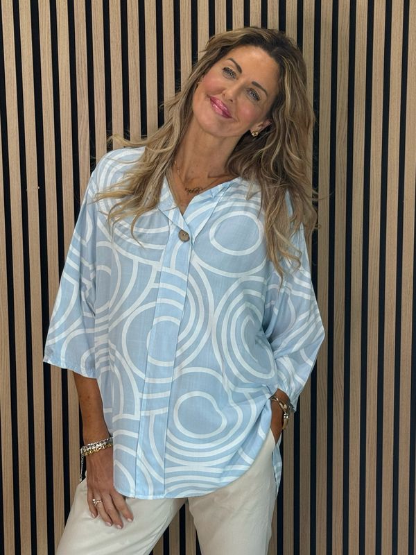 Geometric Print Cotton Top - Baby Blue