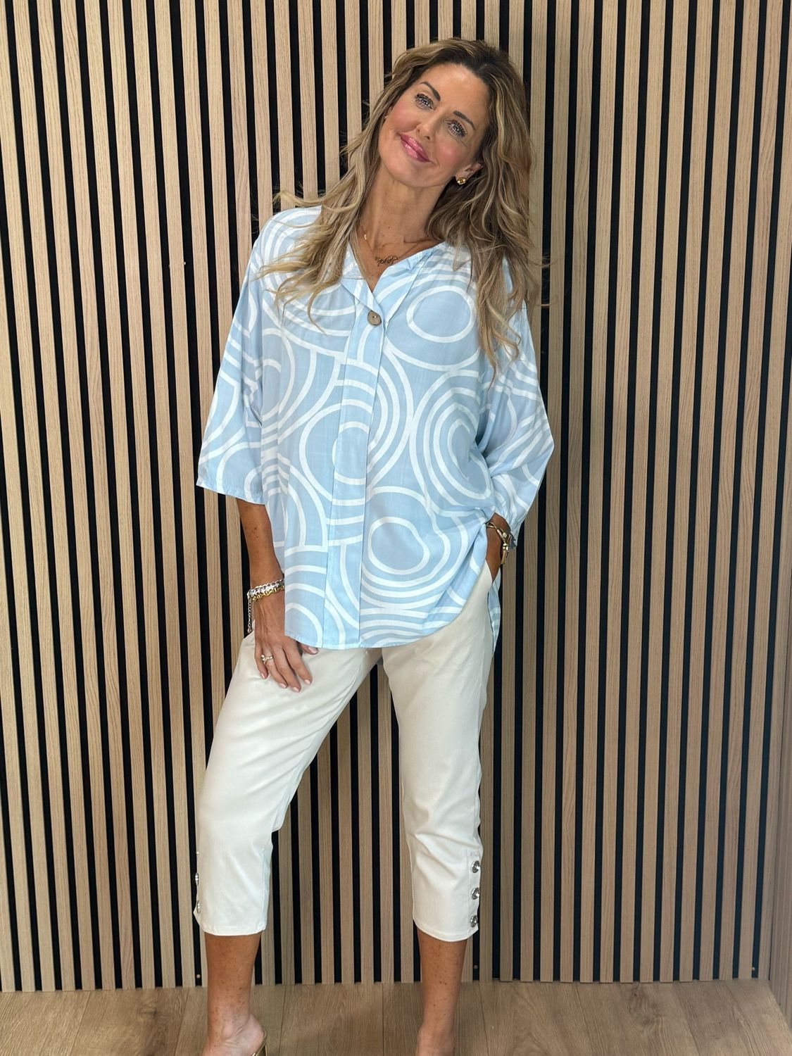 Geometric Print Cotton Top - Baby Blue