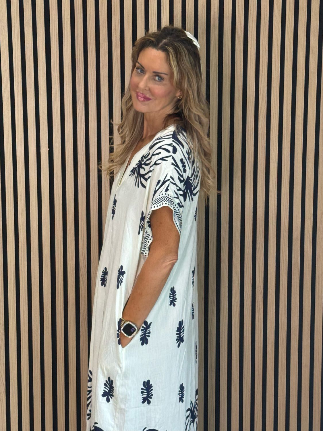 Botanical Print V Neck Dress - Navy