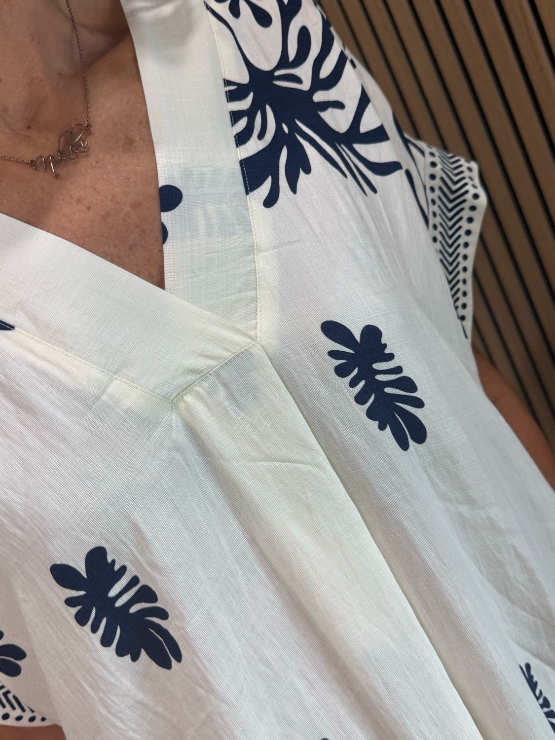 Botanical Print V Neck Dress - Navy