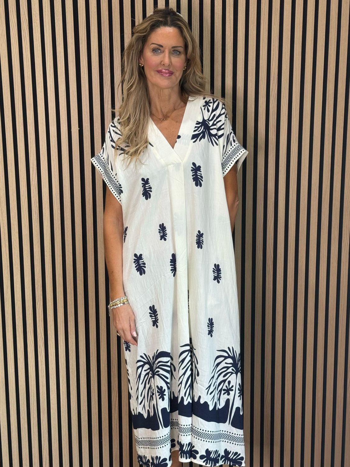 Botanical Print V Neck Dress - Navy