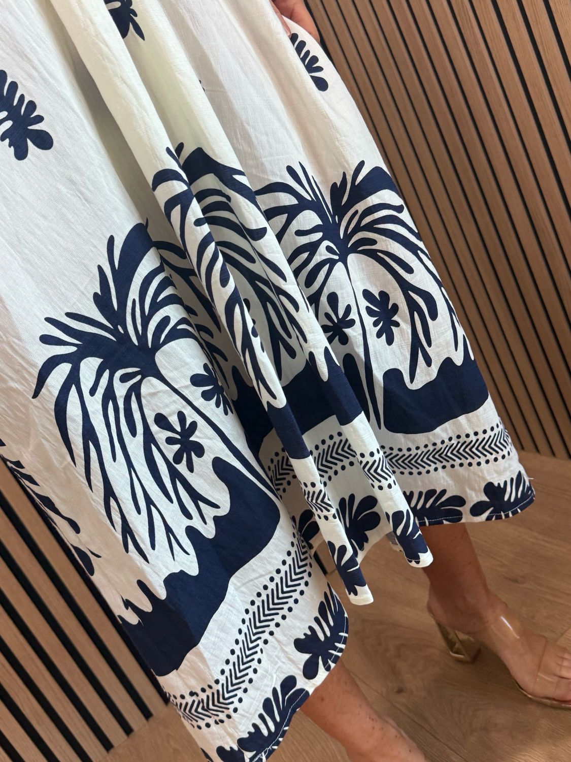 Botanical Print V Neck Dress - Navy