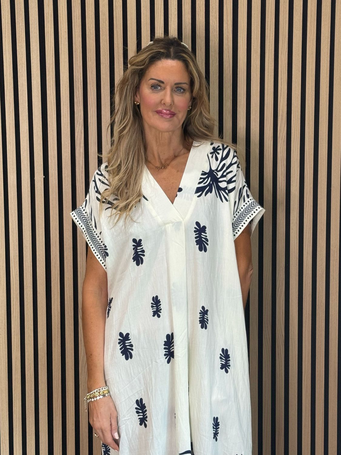 Botanical Print V Neck Dress - Navy