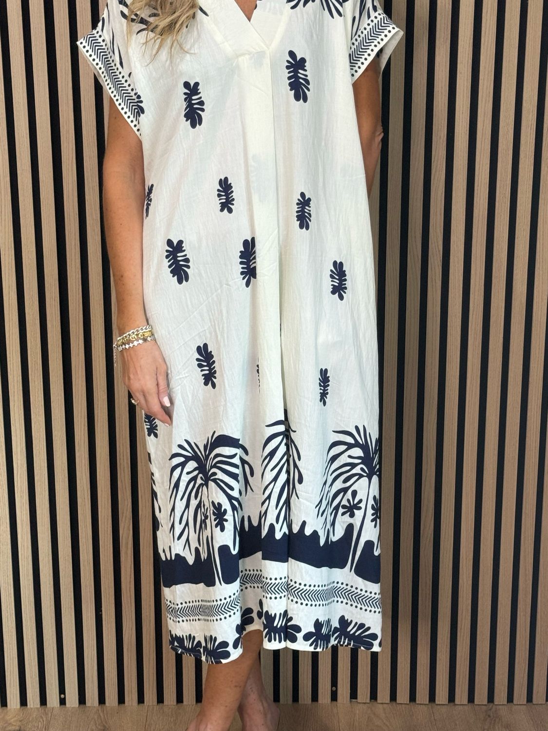 Botanical Print V Neck Dress - Navy