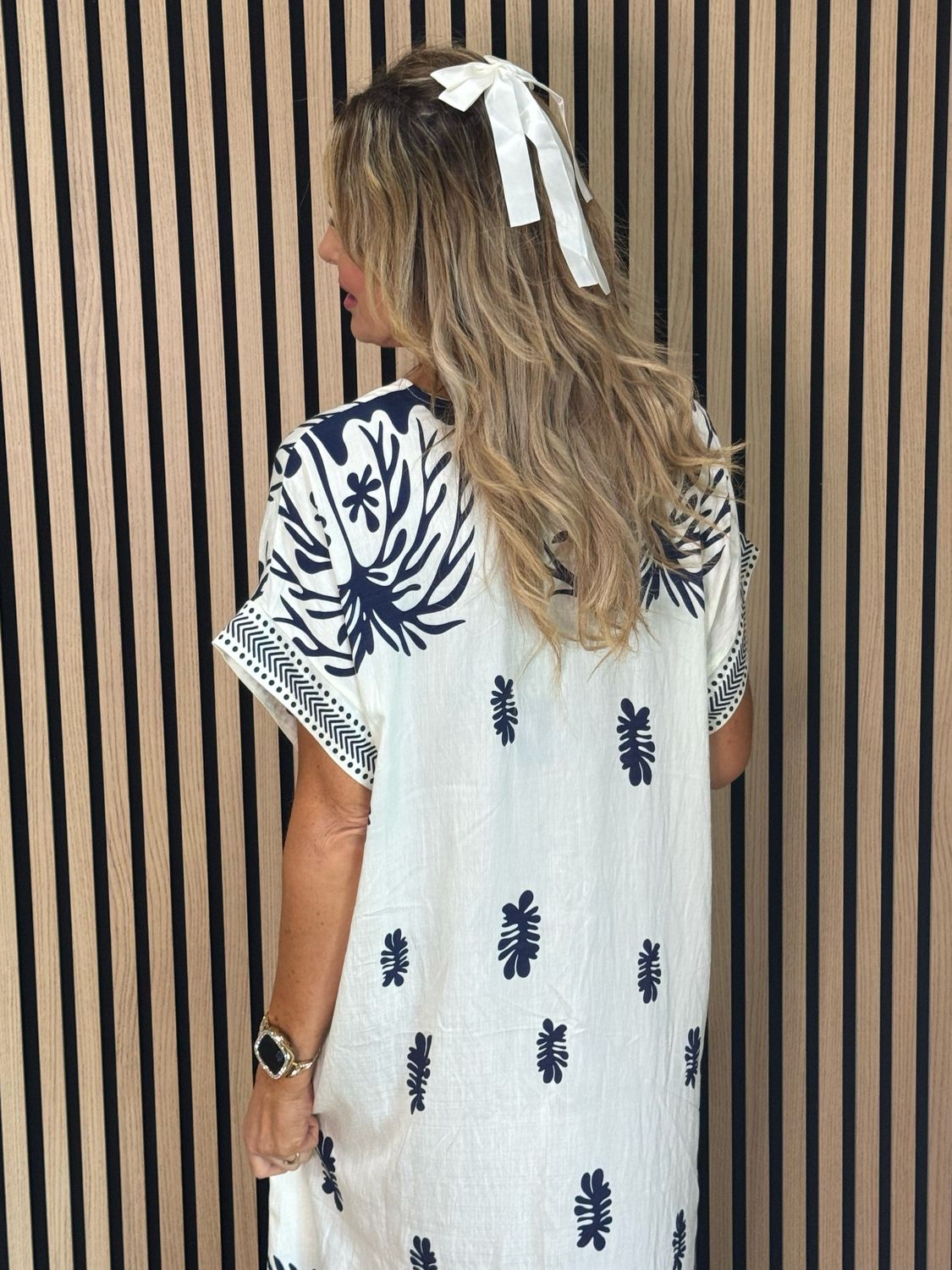 Botanical Print V Neck Dress - Navy