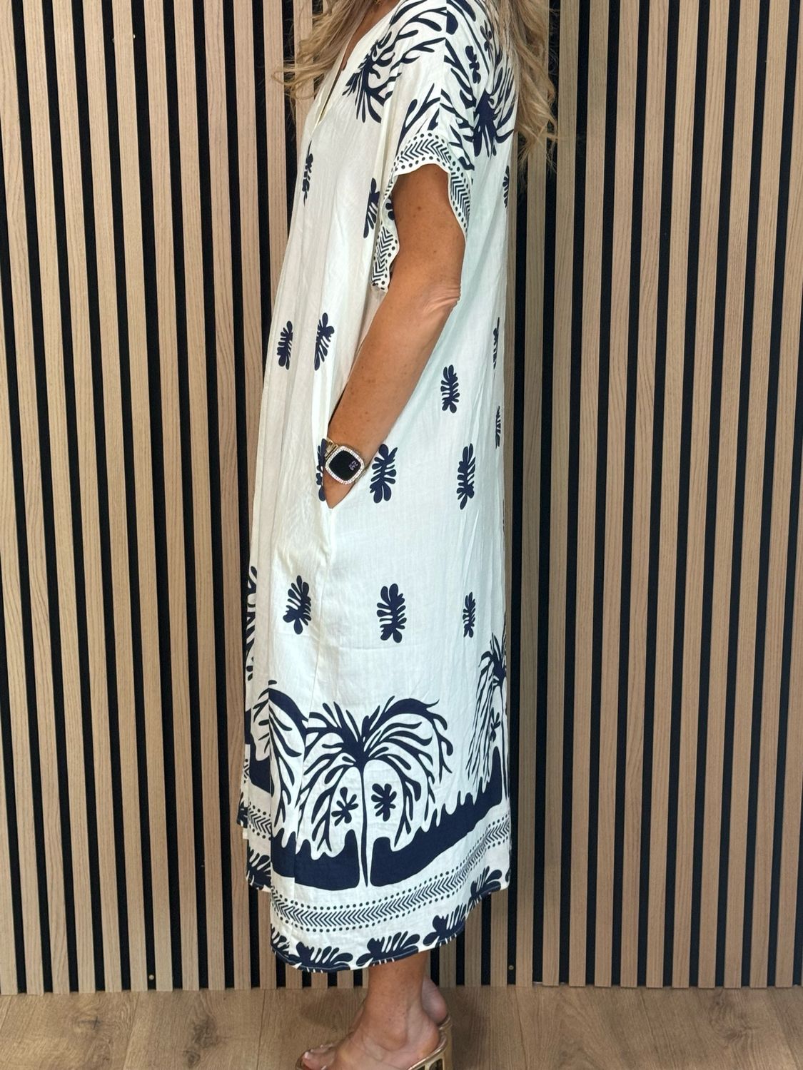 Botanical Print V Neck Dress - Navy