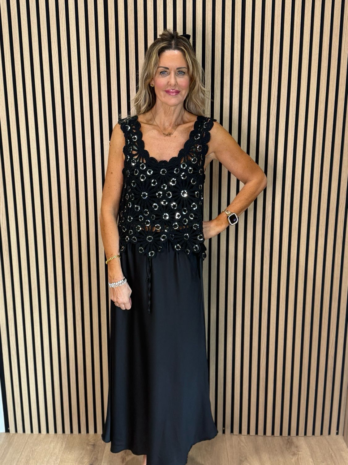 Sequin Crochet Floral Top - Black