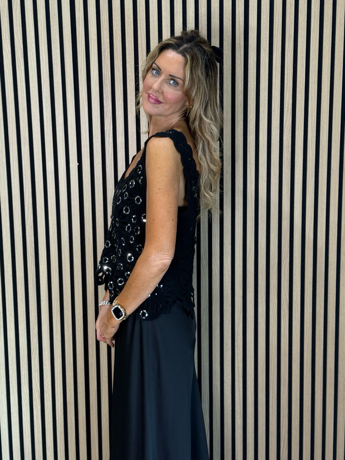 Sequin Crochet Floral Top - Black