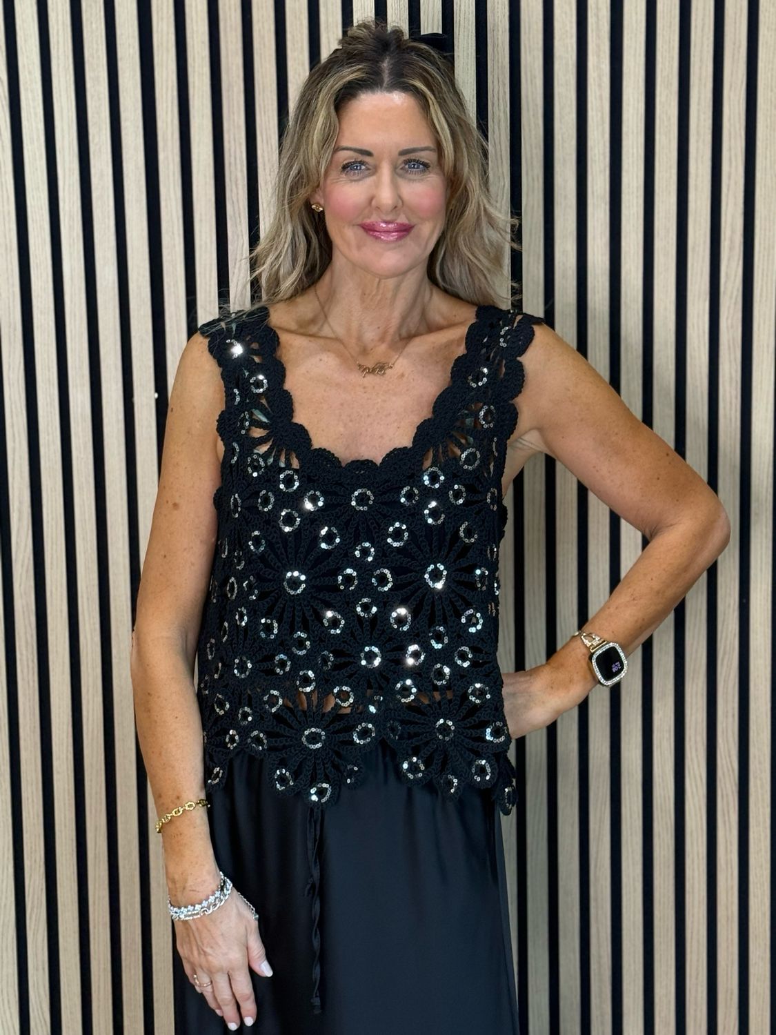 Sequin Crochet Floral Top - Black