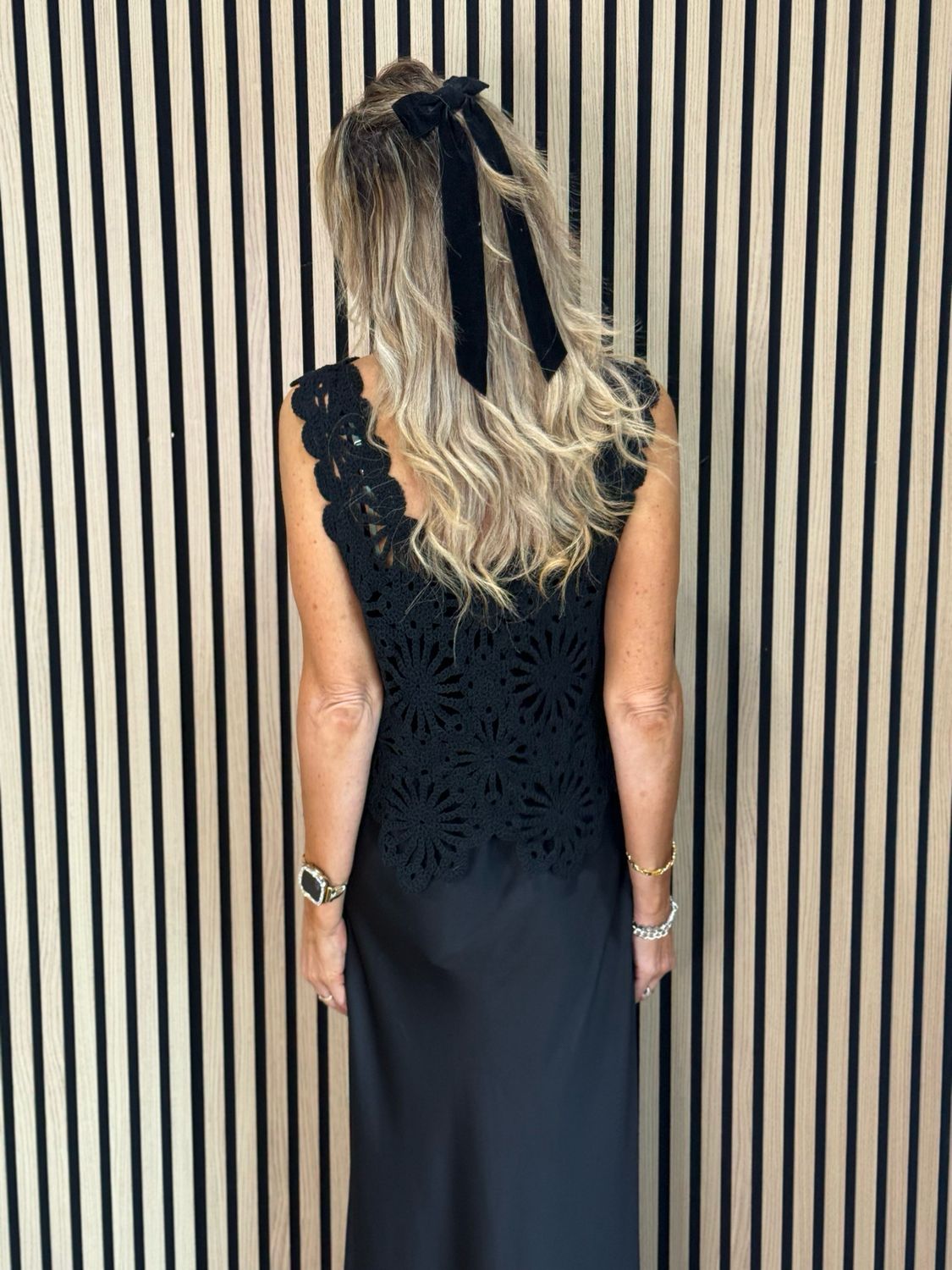 Sequin Crochet Floral Top - Black