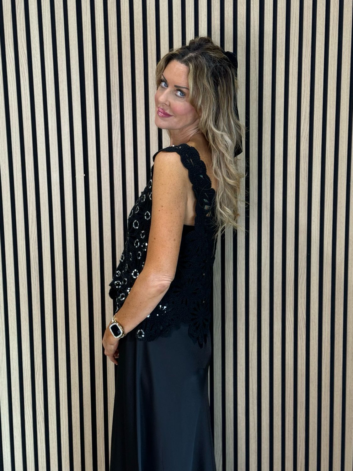 Sequin Crochet Floral Top - Black