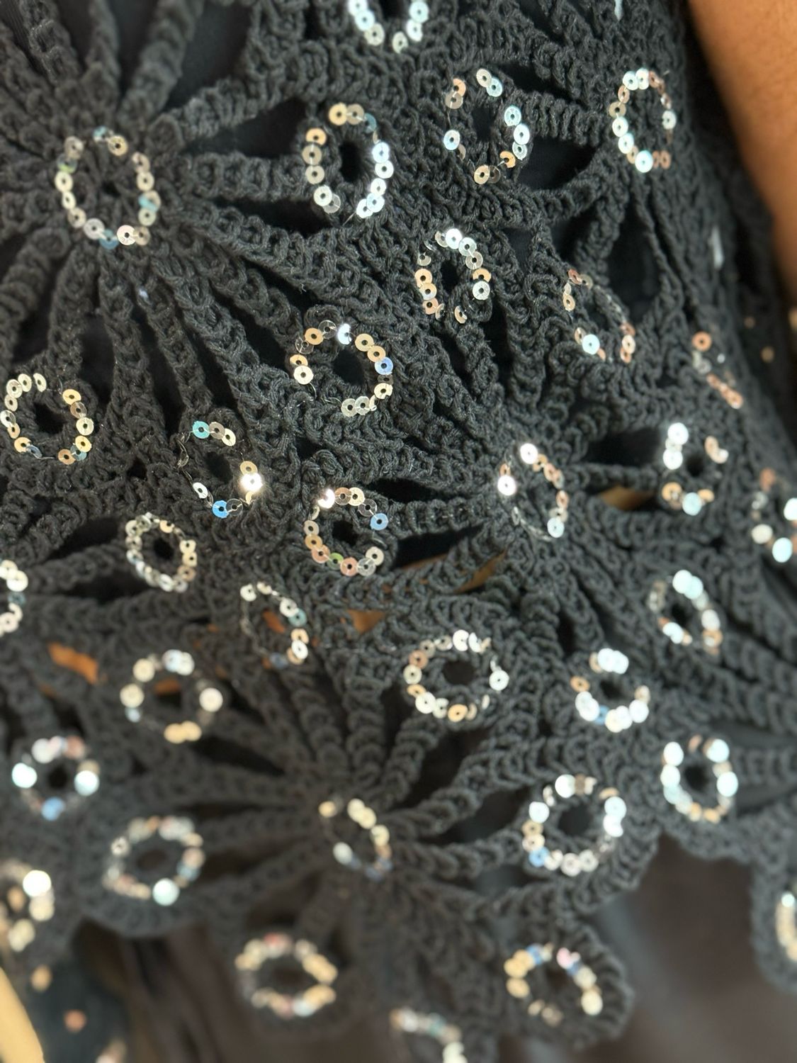 Sequin Crochet Floral Top - Black