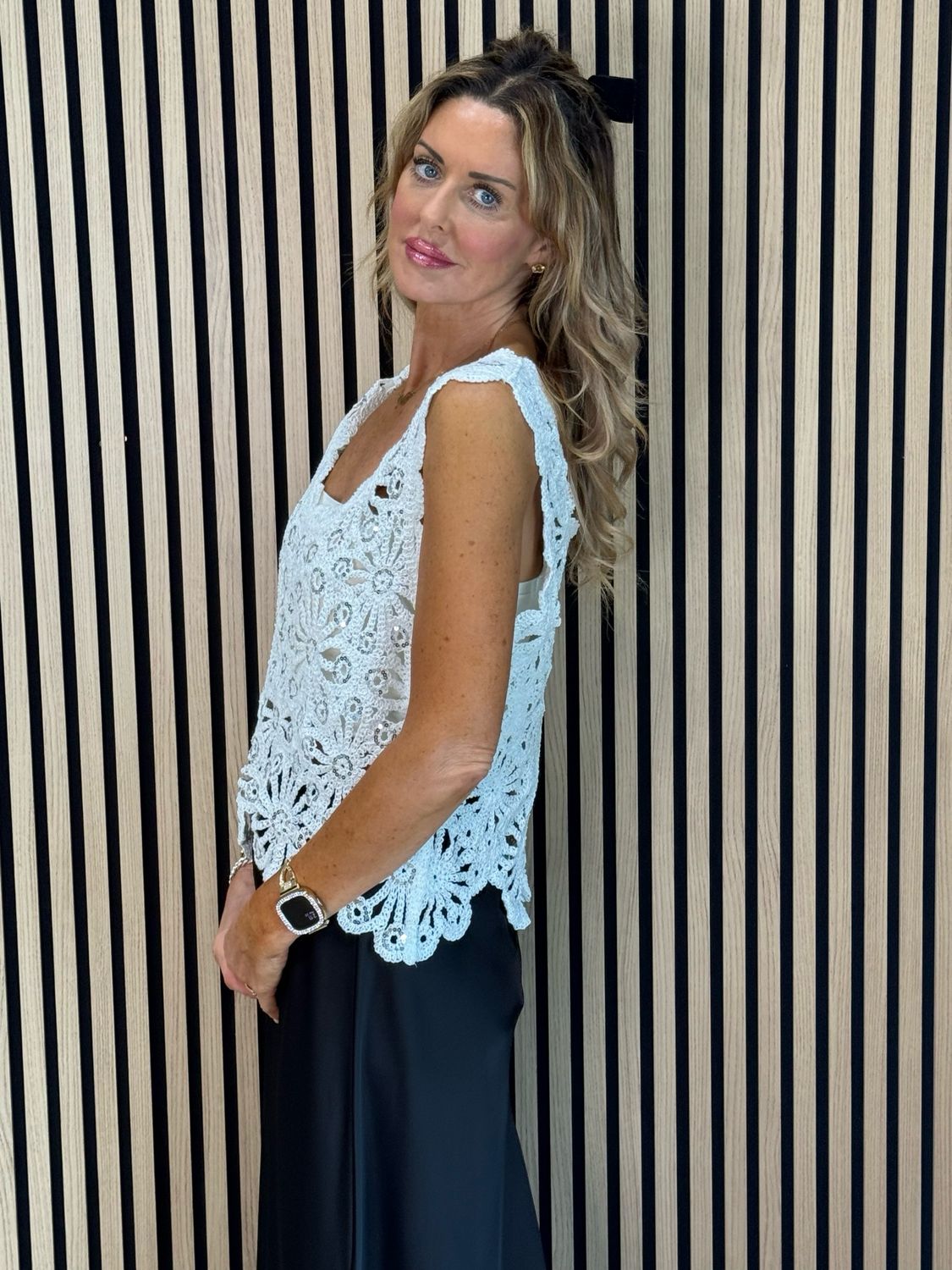 Sequin Crochet Floral Top - White