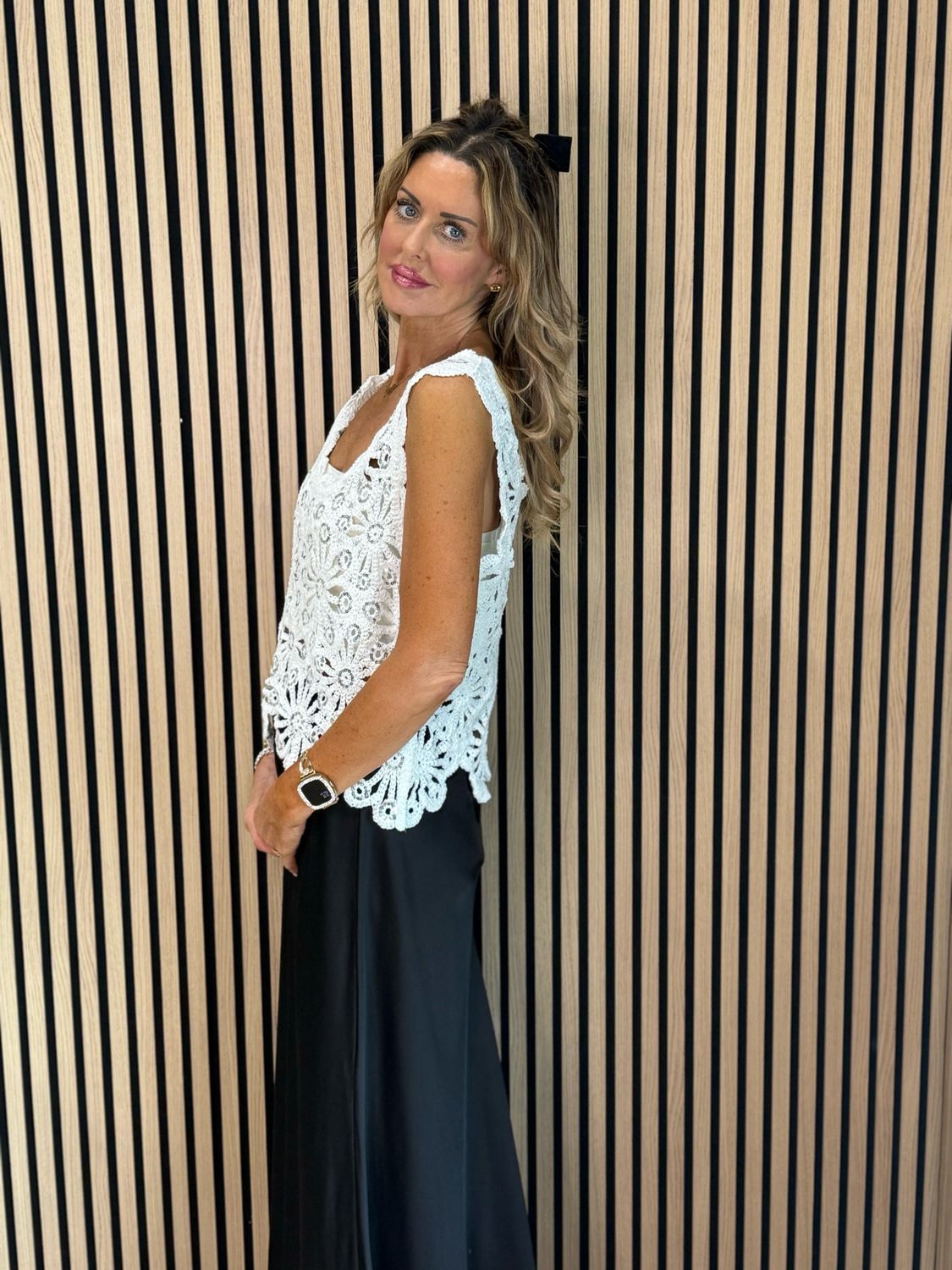 Sequin Crochet Floral Top - White