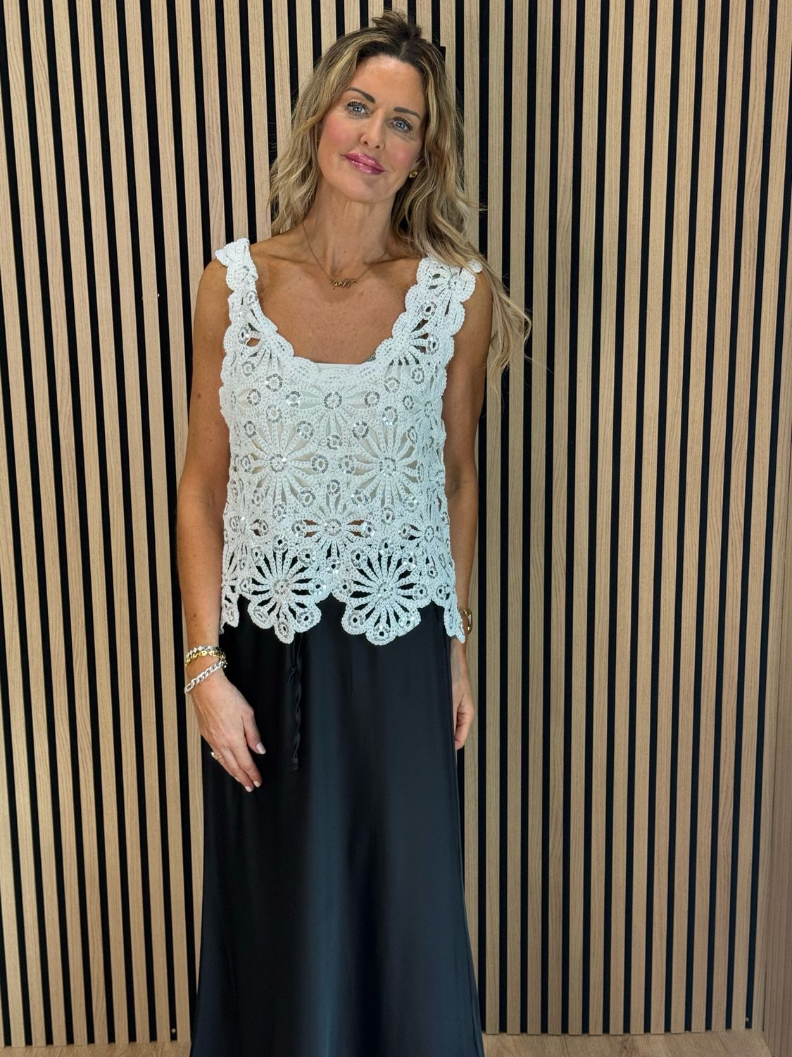 Sequin Crochet Floral Top - White