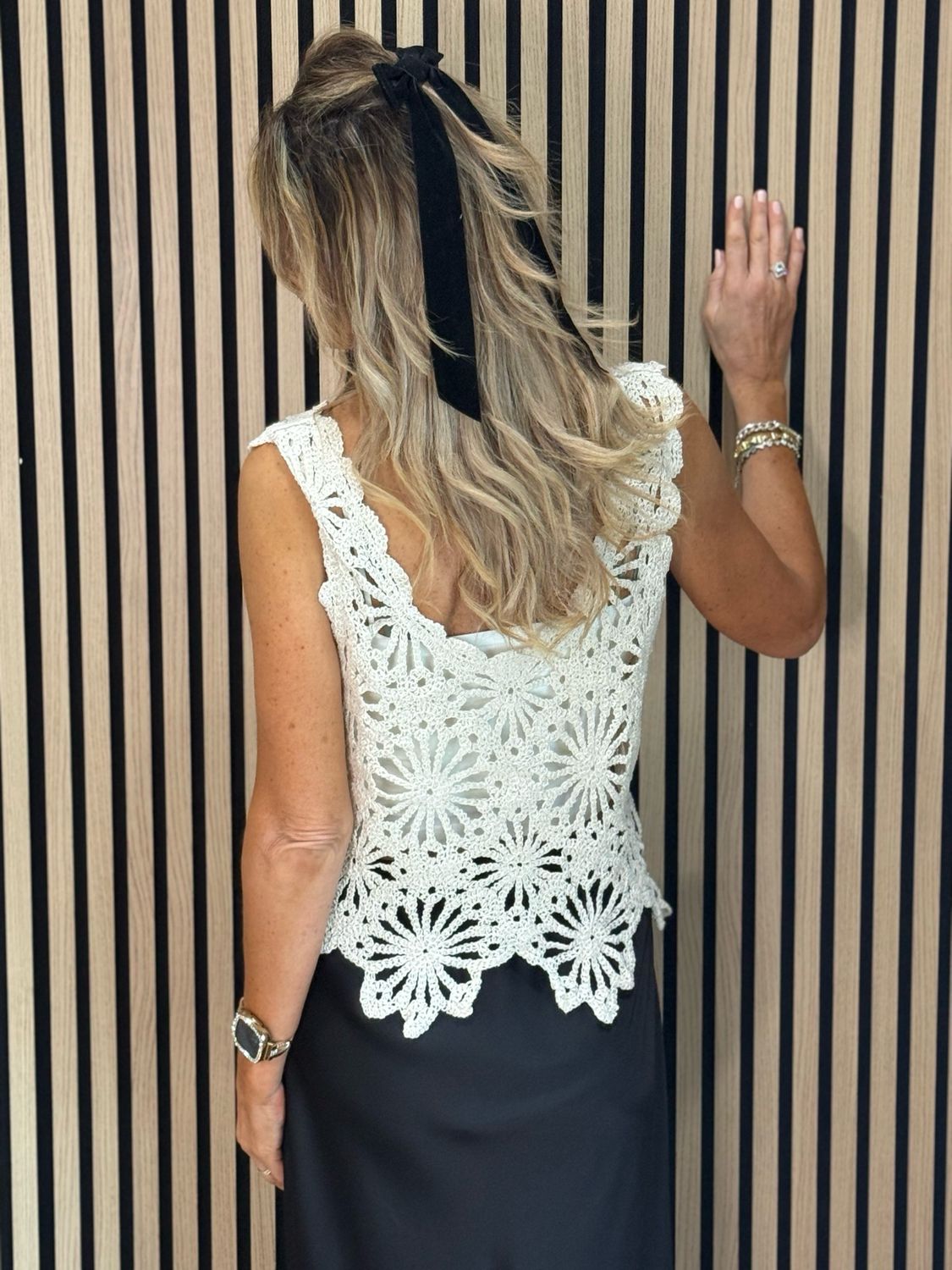Sequin Crochet Floral Top - Cream