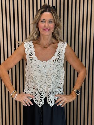 Sequin Crochet Floral Top - Cream