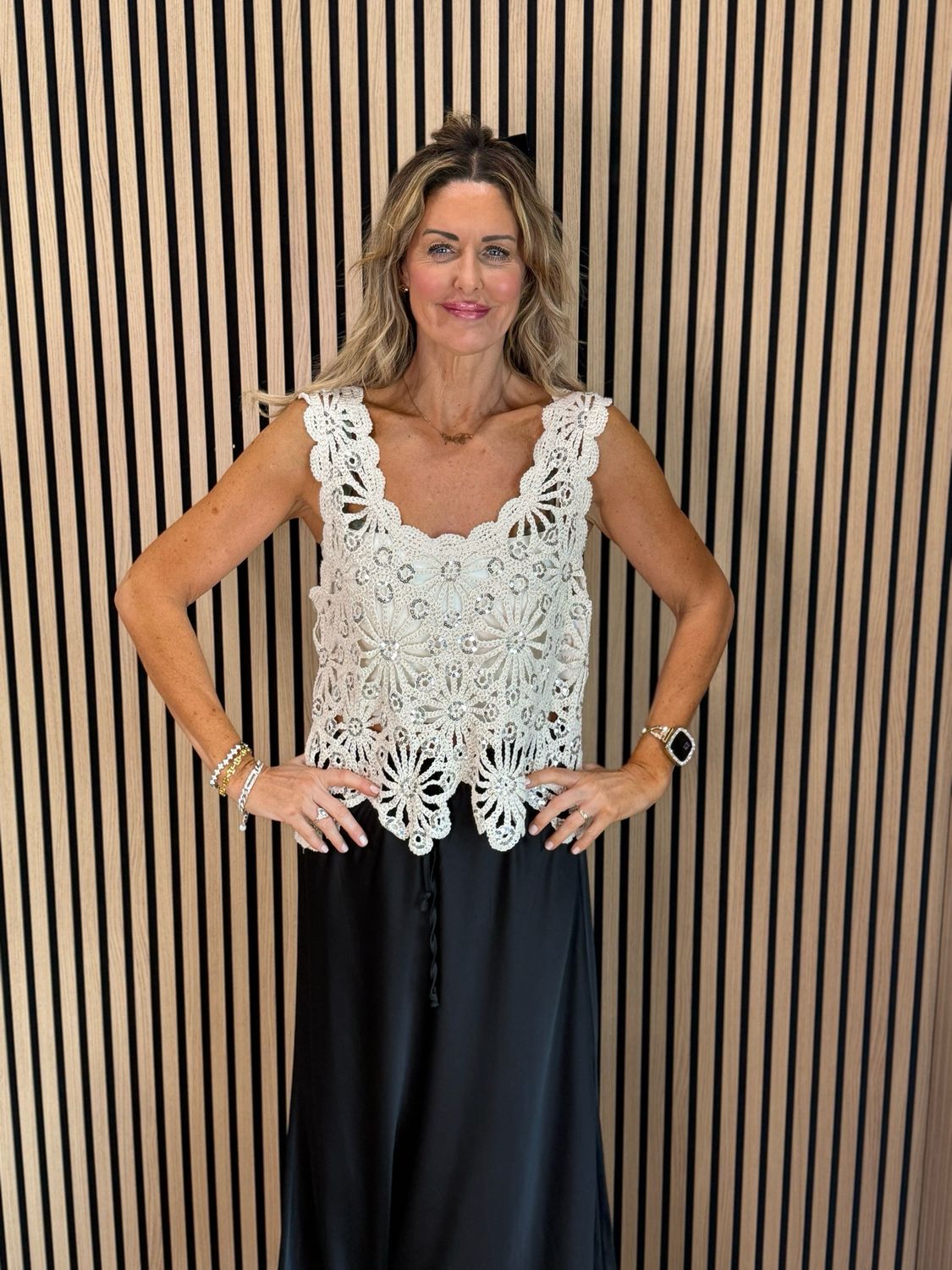 Sequin Crochet Floral Top - Cream