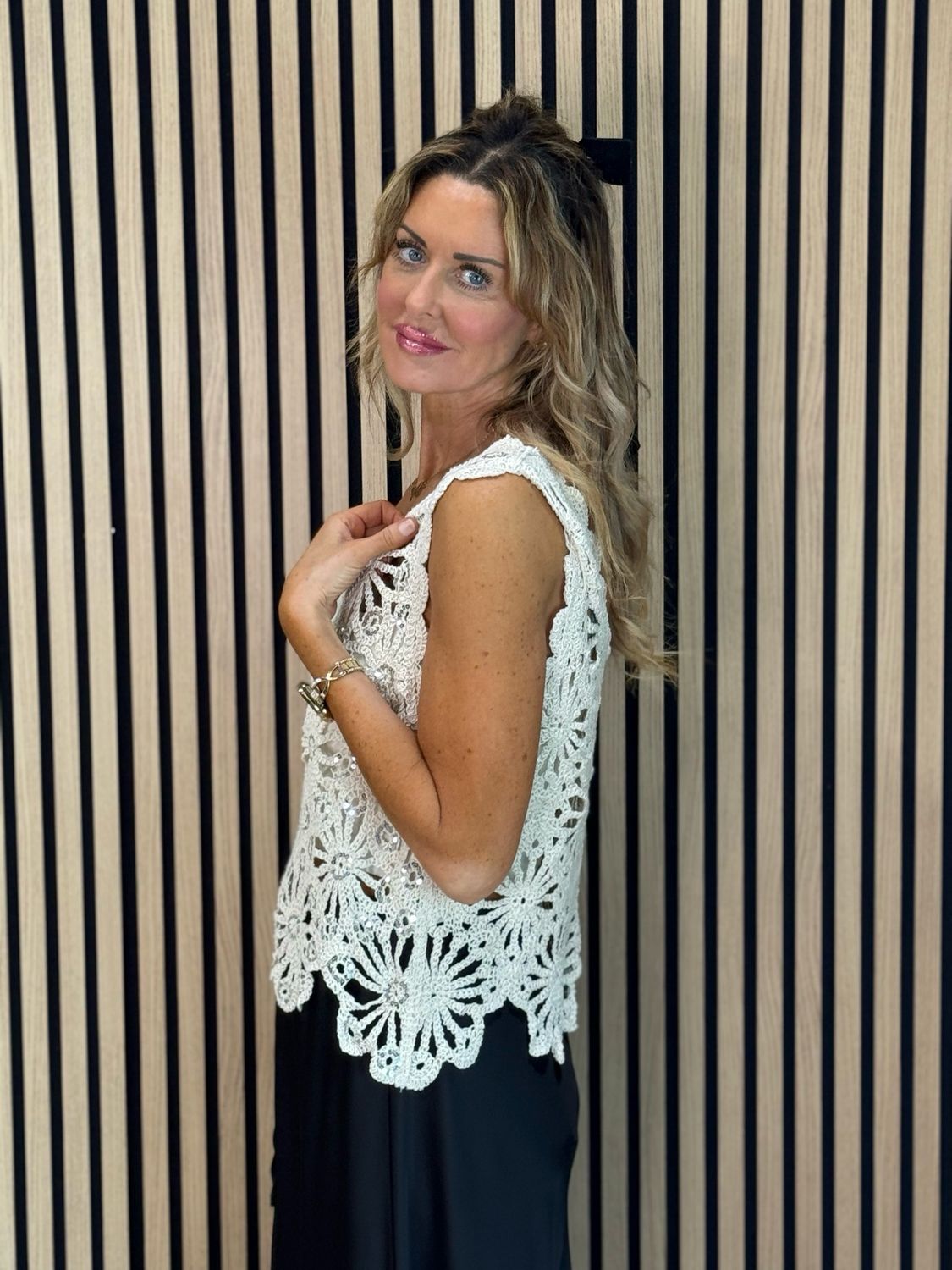 Sequin Crochet Floral Top - Cream