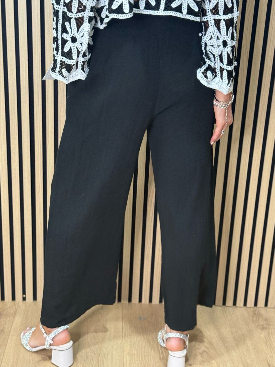 Linen Blend Wide Leg Trousers - Black