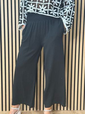 Linen Blend Wide Leg Trousers - Black