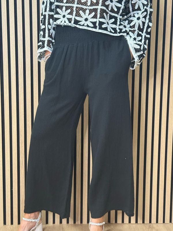 Linen Blend Wide Leg Trousers - Black