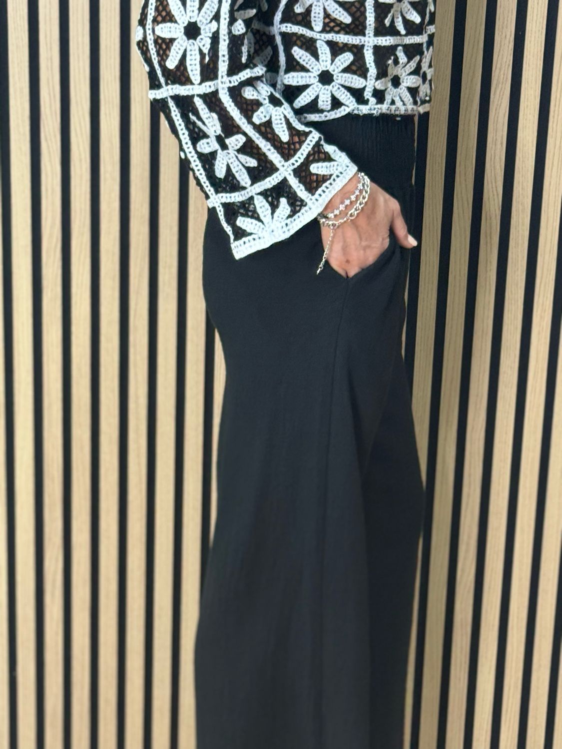 Linen Blend Wide Leg Trousers - Black