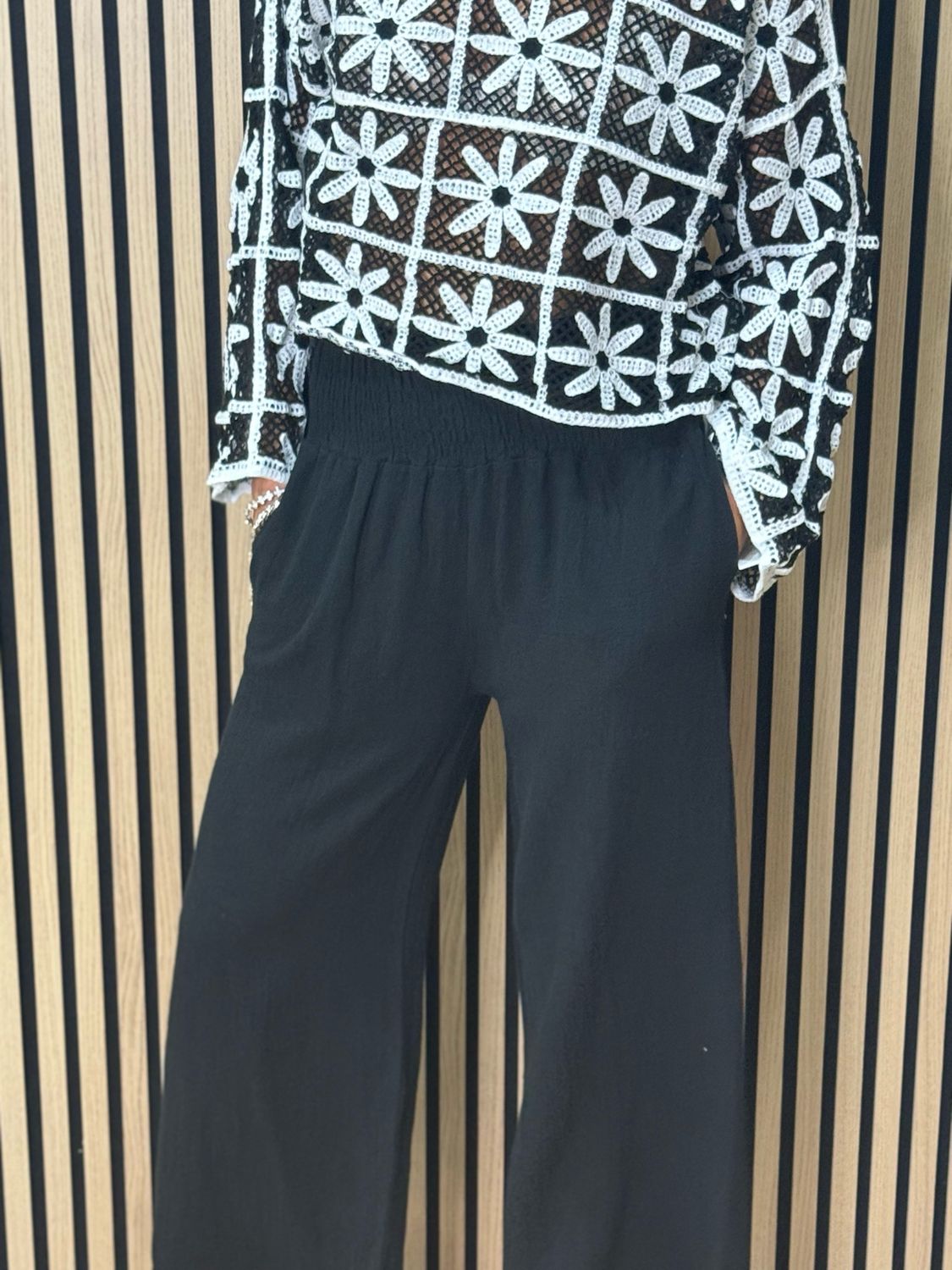 Linen Blend Wide Leg Trousers - Black