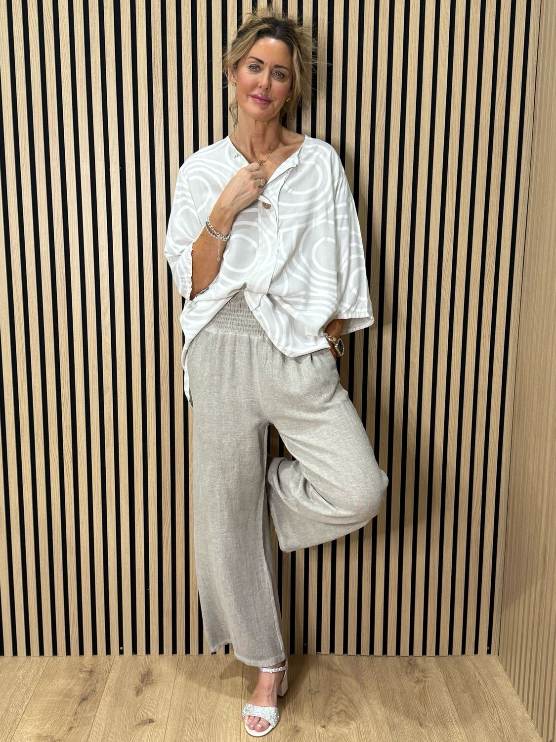 Linen Blend Wide Leg Trousers - Stone