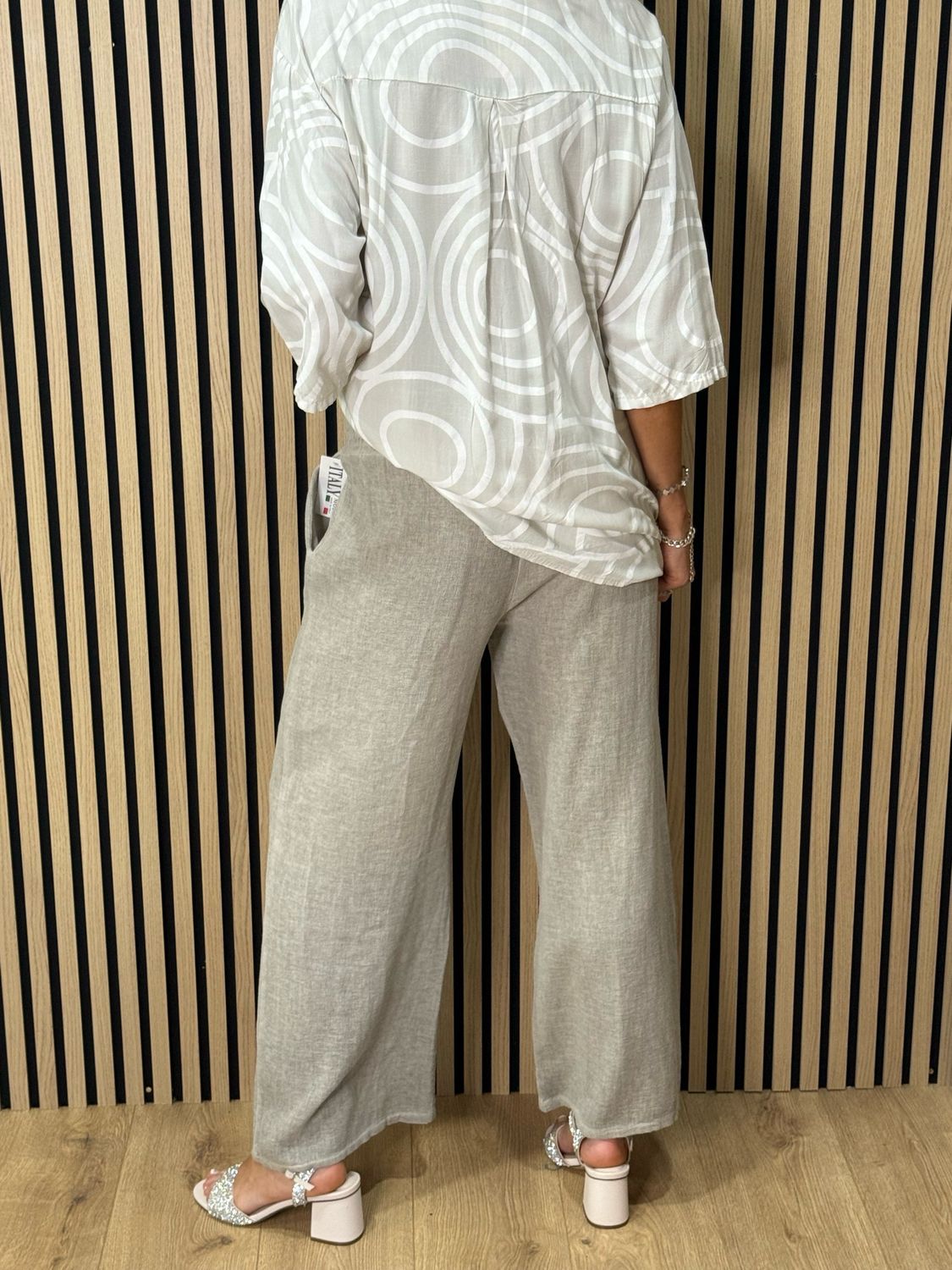 Linen Blend Wide Leg Trousers - Stone