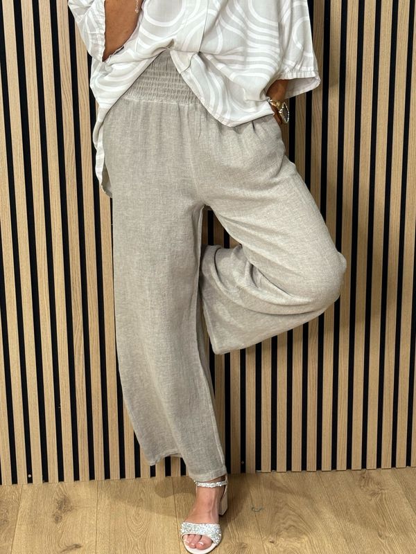 Linen Blend Wide Leg Trousers - Stone