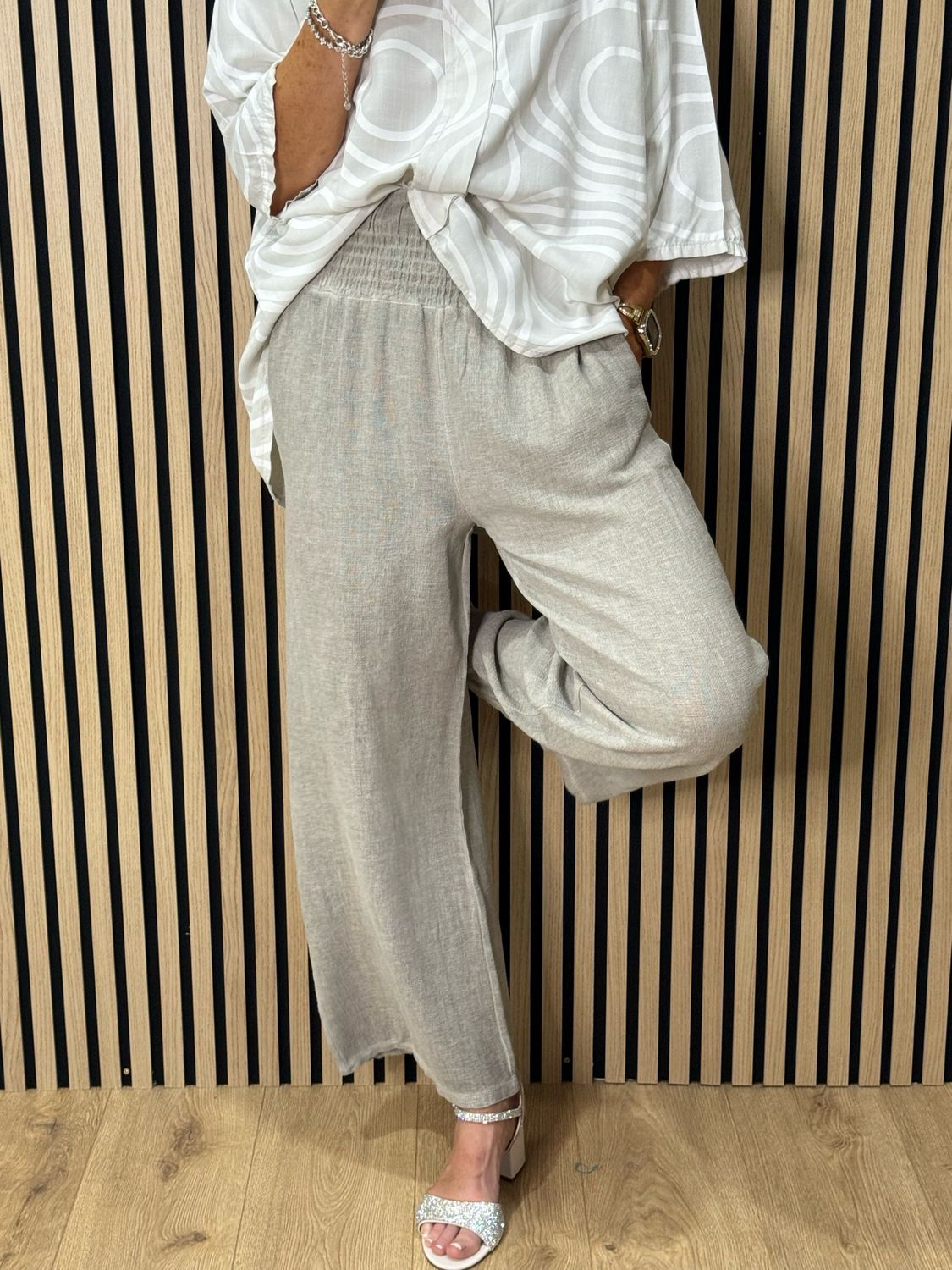 Linen Blend Wide Leg Trousers - Stone