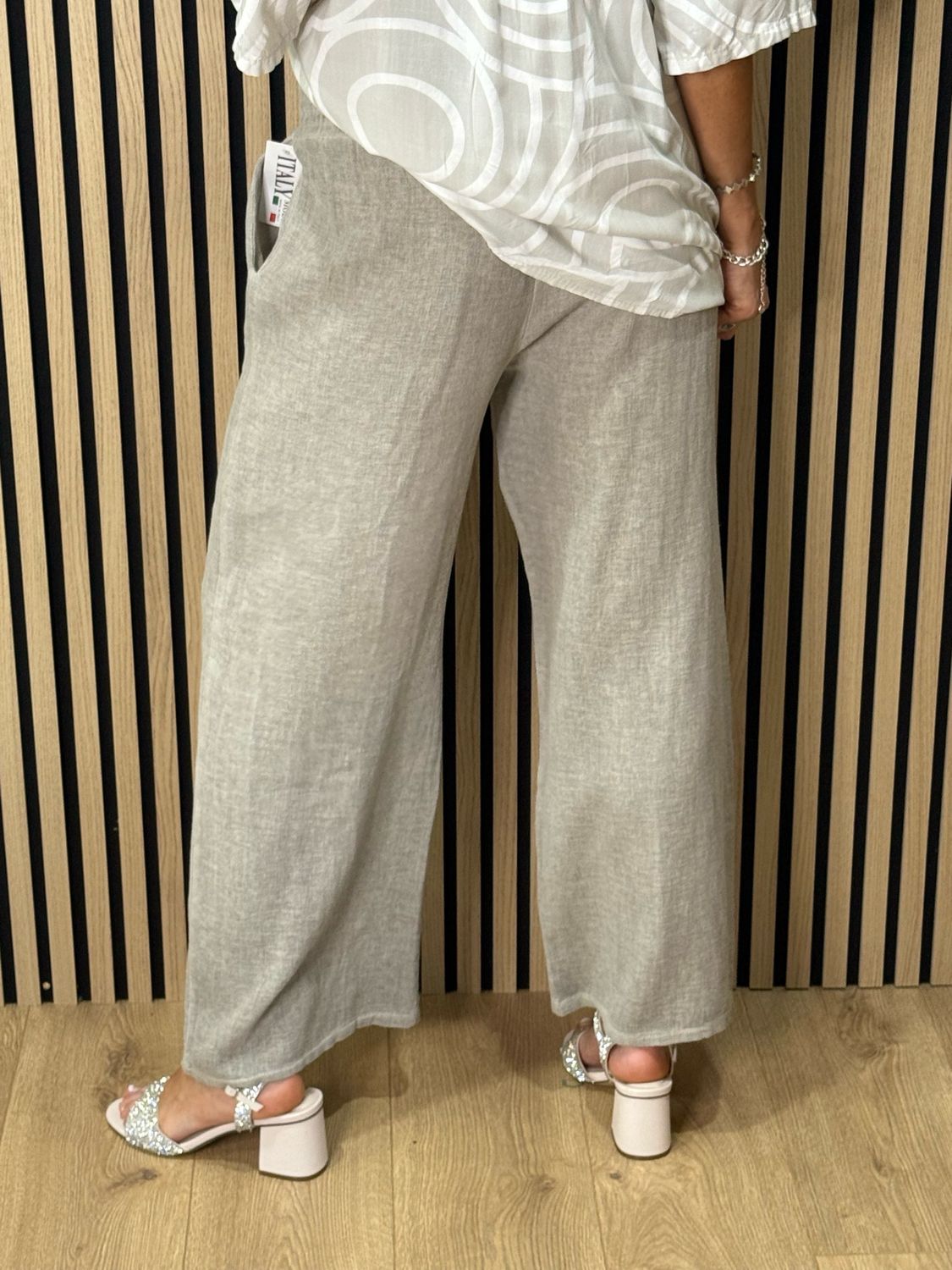 Linen Blend Wide Leg Trousers - Stone