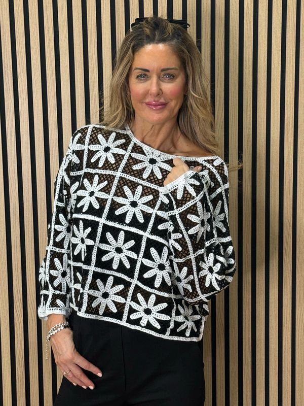 Floral Crochet Top - White/Black