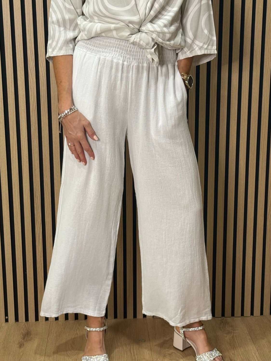 Linen Blend Wide Leg Trousers - White
