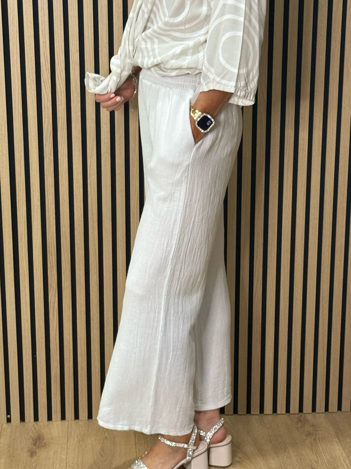 Linen Blend Wide Leg Trousers - White