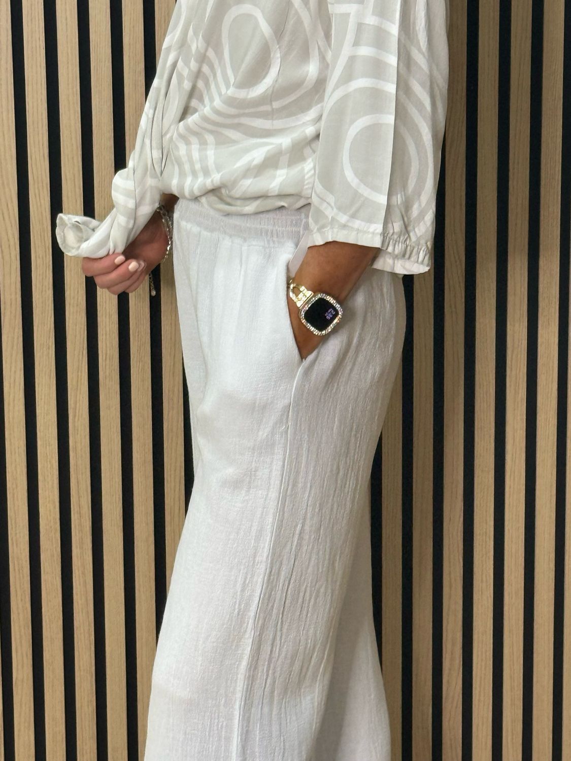 Linen Blend Wide Leg Trousers - White