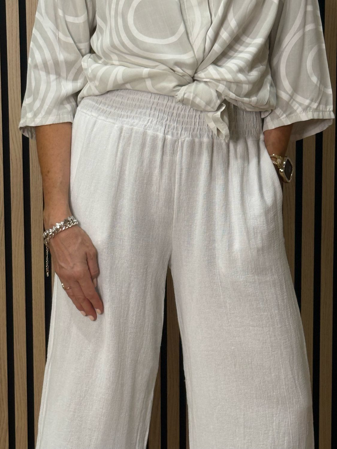 Linen Blend Wide Leg Trousers - White