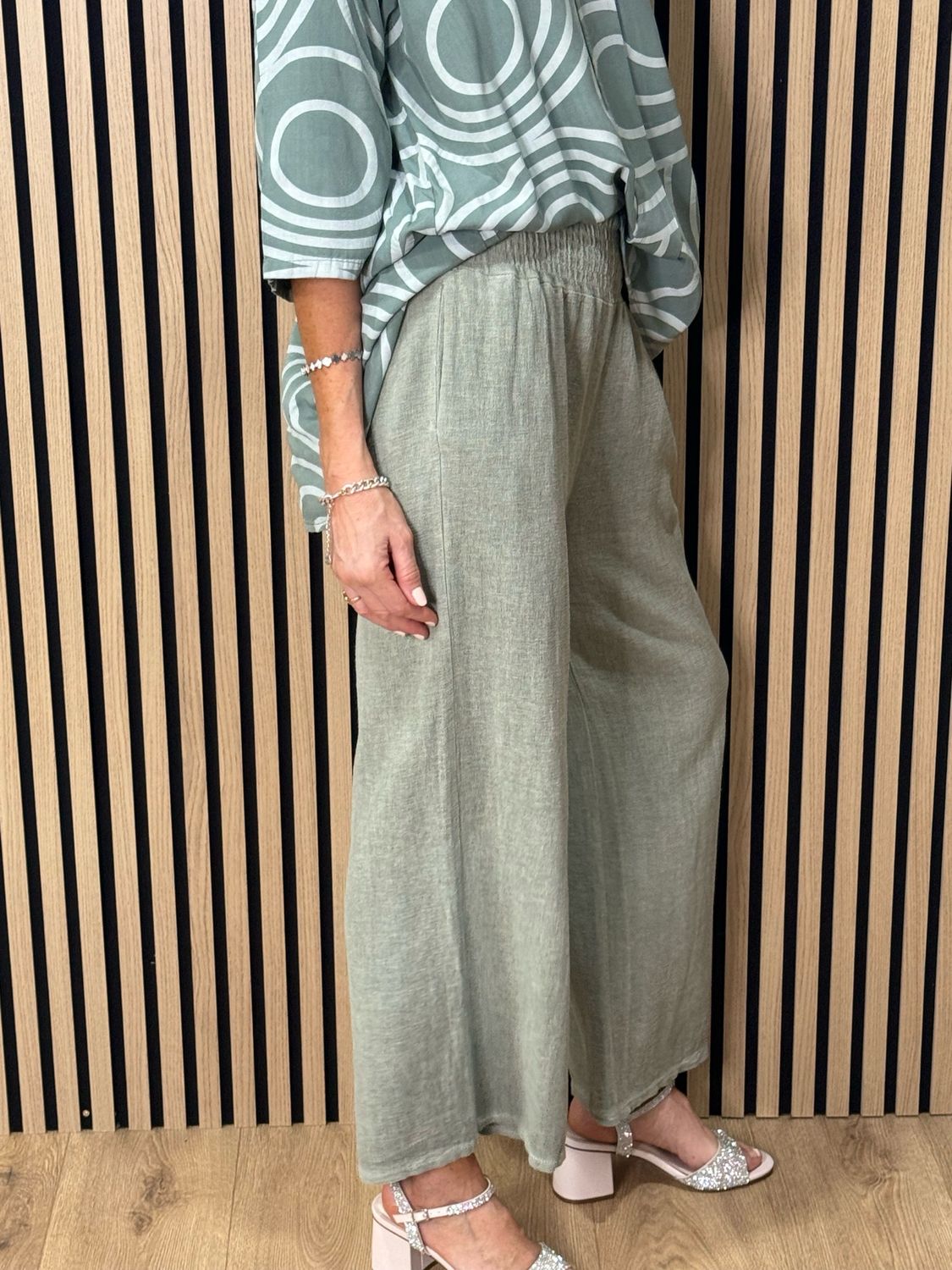 Linen Blend Wide Leg Trousers - Khaki